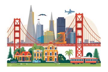 Obraz premium San Francisco Cityscape with Golden Gate Bridge and Buildings Illustration