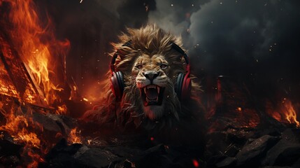 Lion with headphones, hot atmosphere - AI