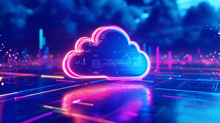 Futuristic neon cloud computing concept with abstract data and technology elements. Digital cloud symbol glowing brightly in a high-tech virtual environment.