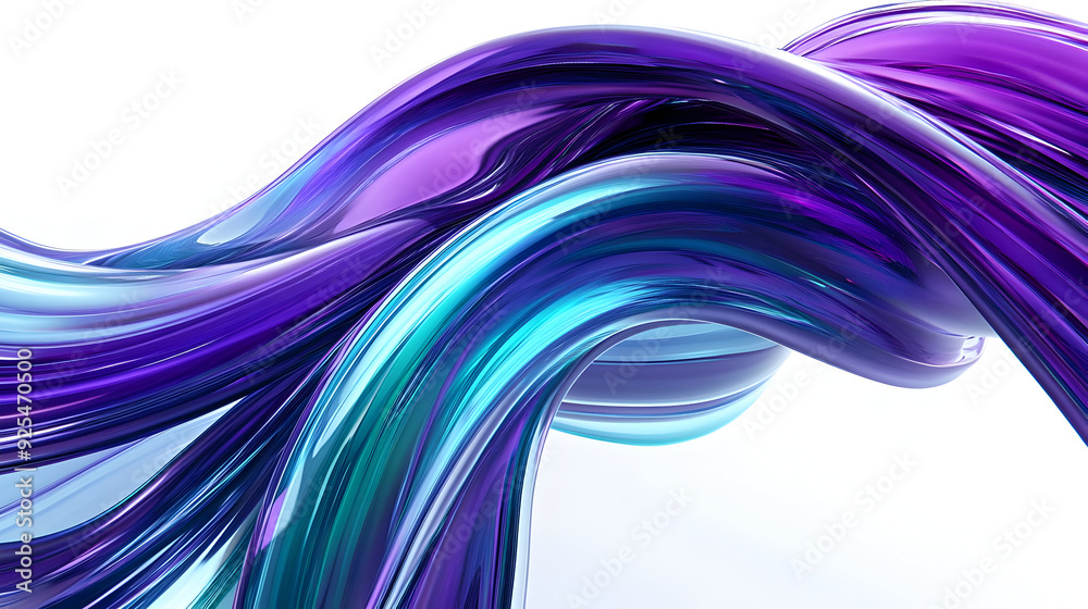 Poster abstract flowing blue and purple glossy 3d shapes against a white background.