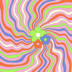Groovy background with wavy rays and daisy flowers. Swirl sunburst rays backdrop. 70s Hippie retro style. Vector illustration