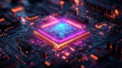 Futuristic glowing microchip on circuit board - generative ai