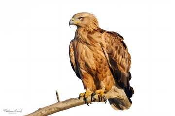 Fototapeta premium Iberian Imperial Eagle Perched on a Branch with White Background, Realistic Photo, Standard Background, Wallpaper, Cover and Screen for Smartphone, Cell Phone, Computer, Laptop
