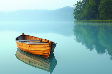 Obraz premium Serene Lake with Wooden Rowboat and Misty Morning