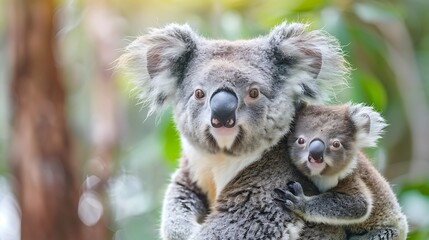 A mother koala hugs her baby koala tightly, looking directly at the camera.