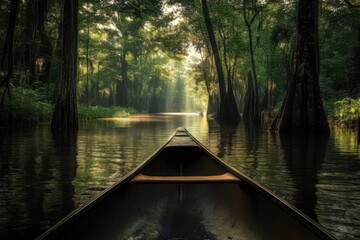 Fototapeta premium Atmospheric view of a canoe gliding through a tranquil, sunlit forest waterway.