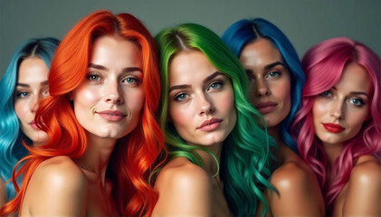 Obraz premium A group of ladies displaying a range of hair colors and styles while standing together with distinctive, vividly colored hair 