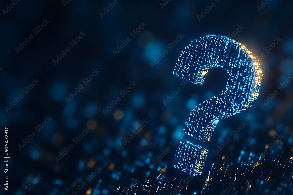 Fototapete 3d question mark with ai & binary code design background