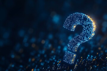 3D Question Mark with AI & Binary Code Design Background