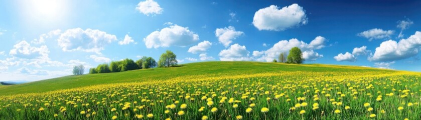 A beautiful sunny day in a field filled with blooming yellow dandelions, under a vibrant blue sky with scattered white clouds.