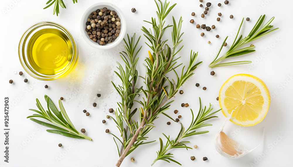 Wall mural Bunch of green fresh rosemary with pepper, salt, lemon and oil on the light white background. Herbs and spices for recipes. Top view with copy space