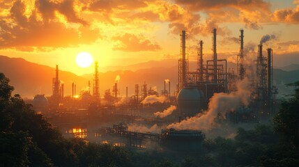 Naklejka premium Industrial sunset with smoke stacks - generative ai