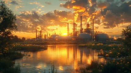 Industrial plant at sunset - generative ai