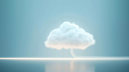 A digital illustration of a cloud connected to lines resembling data transfer on a blue background.