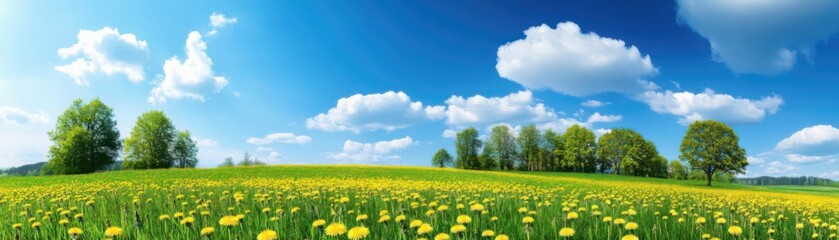 Obraz premium A vibrant, sunny day in a lush green field filled with blooming yellow dandelions under a bright, blue sky with fluffy white clouds.