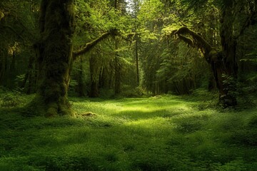 A serene green forest with lush vegetation and towering ancient trees bathed in dappled sunlight.