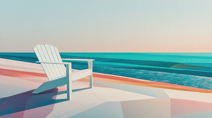 Fototapeta premium An empty white chair faces a calm blue ocean, capturing a serene and peaceful scene that evokes relaxation and contemplation by the seaside with soft pastel tones.