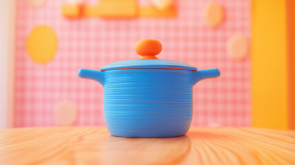A blue cooking pot with an orange top is prominently displayed on a wooden surface in a vividly colored kitchen interior, bringing a cheerful and homey feeling to the scene.
