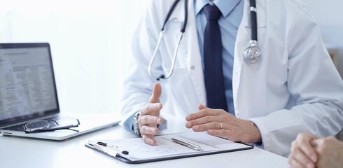 Doctor and a patient. The physician, wearing a white medical coat over a blue shirt and tie, gesturing with his hands during a consultation in the clinic. Medicine concept