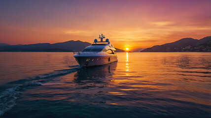 Obraz premium A luxury yacht anchors off the coast during a breathtaking sunset. The silhouette of the yacht stands out against the colorful sky, 