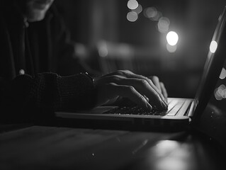 Silhouette of man working on laptop late at night, possibly hacking or coding.