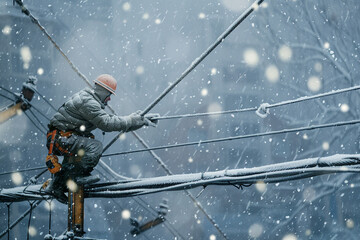 Electrician Working on Power Lines During a Snowstorm