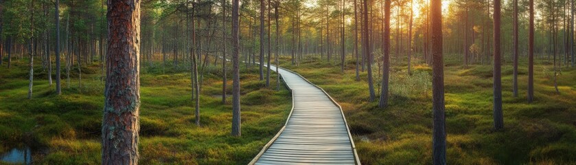 Fototapeta premium A wooden boardwalk winding through a dense forest, bathed in the warm glow of a setting sun.
