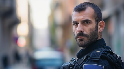 Obraz premium A stern police officer in uniform, standing on a city street, exudes authority and vigilance in an urban environment.