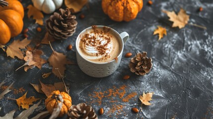 An autumn-themed coffee scene with a latte, pumpkin spice, cinnamon, and maple syrup. Fallen leaves and seasonal decorations in the background.