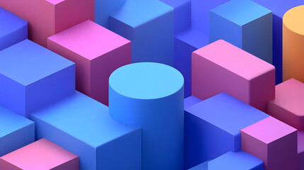 Obraz premium Abstract geometric shapes of pink, blue, and yellow with a round cylinder in the middle.