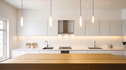 Modern home white kitchen interior, bright designer home furniture, Wooden kitchen interior, modern counter with light countertop, minimal apartment wall decor,