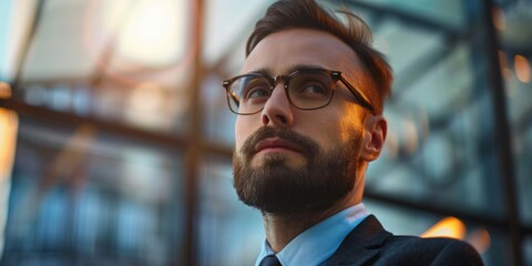 Man with beard and glasses looking thoughtful outdoors. Dressed for office.