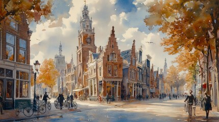 Obraz premium Scenic autumn street in dutch town - generative ai