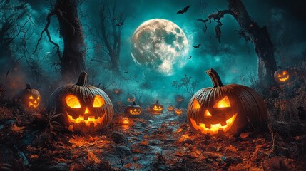 Naklejka premium Spooky pumpkin patch at midnight - generative ai