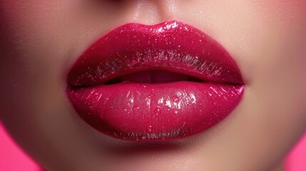 Glossy pink lips with shimmering texture against a vibrant background