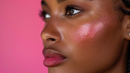 Naklejka premium Woman with glowing skin and dewy makeup against a pink background in an artistic portrait