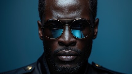 Obraz premium Confident man wearing sunglasses and a dark jacket in a moody blue-lit environment