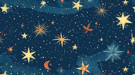 Fototapeta premium Illustration of a starry night sky with various celestial bodies, including stars, planets, and a moon.