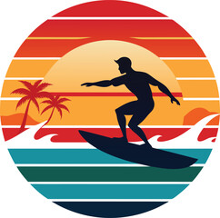 silhouette of a surfer Tshirt Sticker of a retro inspired design 