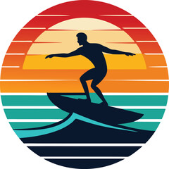 silhouette of a surfer in the waves Tshirt Sticker of a retro inspired design 