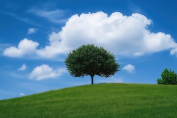 Obraz premium A solitary tree stands on a green hill beneath a blue sky filled with white clouds.