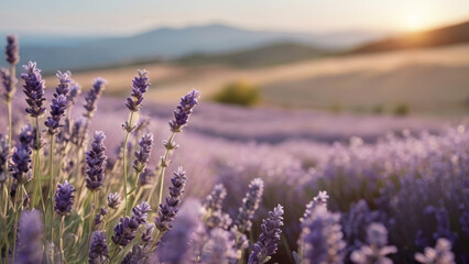 Obraz premium Field of blooming lavender, beautiful sunset light, soft pastel colors, rows of lavender bushes stretching to horizon