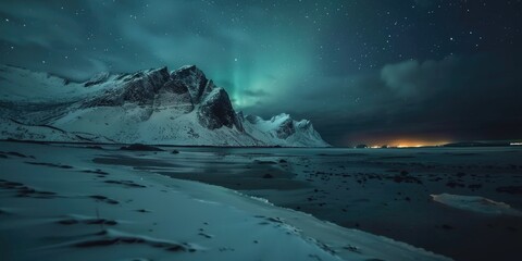 Chilling view of a mountainous Arctic night sky with auroras dancing overhead and icebergs protruding from the cold sea waters.