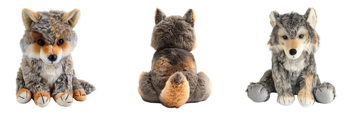 Set of cute Wolf toy front and back view isolated on a transparent background