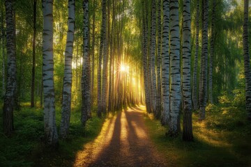 Fototapeta premium A sunlit path through a birch forest with rays of light streaming through the trees.
