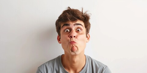 Young man with open mouth and surprised expression, showcasing his facial features in a simple portrait against white backdrop.