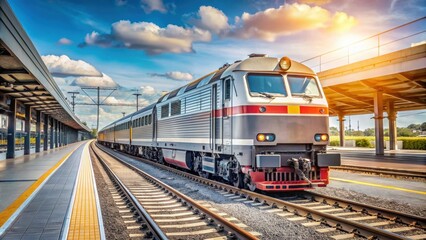 Naklejka premium Head locomotive side view of the station platform and commuter train in the parking lot, train