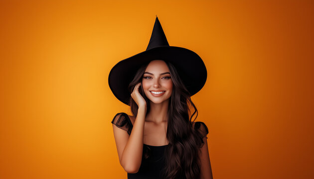Beautiful smiling woman wearing witch costume for Halloween party on yellow background, Halloween banner 