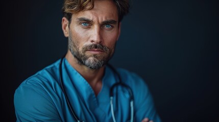 Obraz premium Doctor in blue scrubs with a stethoscope posing seriously against a dark background in a clinical setting