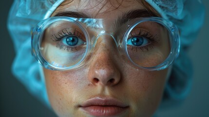 Close-up of a young woman wearing goggles and a hair cap, displaying a focused expression in a clinical setting during daylight